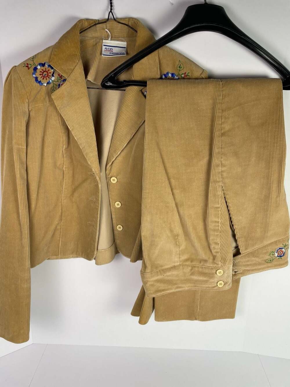 Vintage Avon Fashions Floral Embroidered Corduroy Blazer and Pants Suit Set S